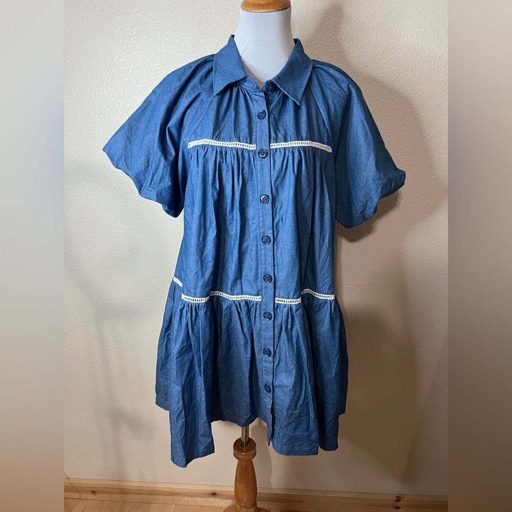 En Saison Blue Tara Puff-Sleeve Babydoll Mini Shirtdress NEW LARGE - Picture 2 of 10